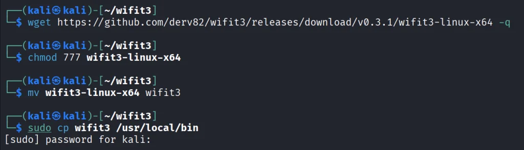Terminal Kali Linux executando os comandos de download e instalação do Wifit3