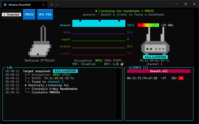 Interface do Wifit3 em funcionamento durante a varredura e seleção de rede alvo