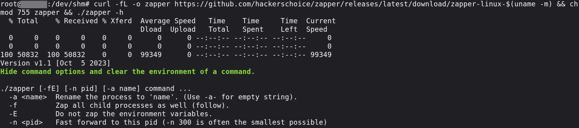 Terminal mostrando o download do binario zapper via curl a partir da release oficial do projeto