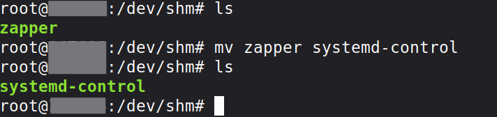 Terminal mostrando o comando mv renomeando zapper para systemd-control