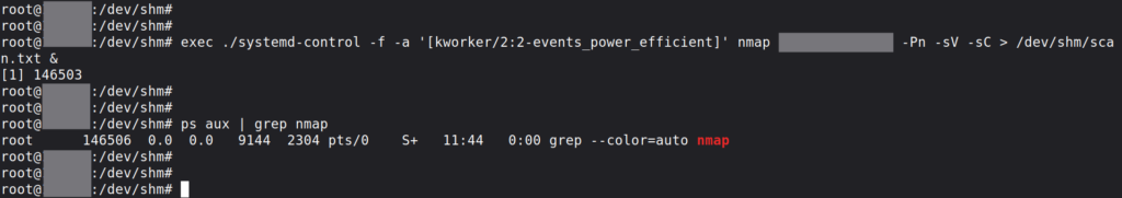 Terminal mostrando o nmap sendo iniciado oculto com nome de kworker e verificacao ps sem resultado