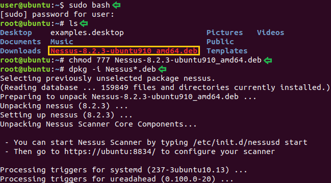 Comando chmod 777 e dpkg -I para instalação do pacote .deb do Nessus