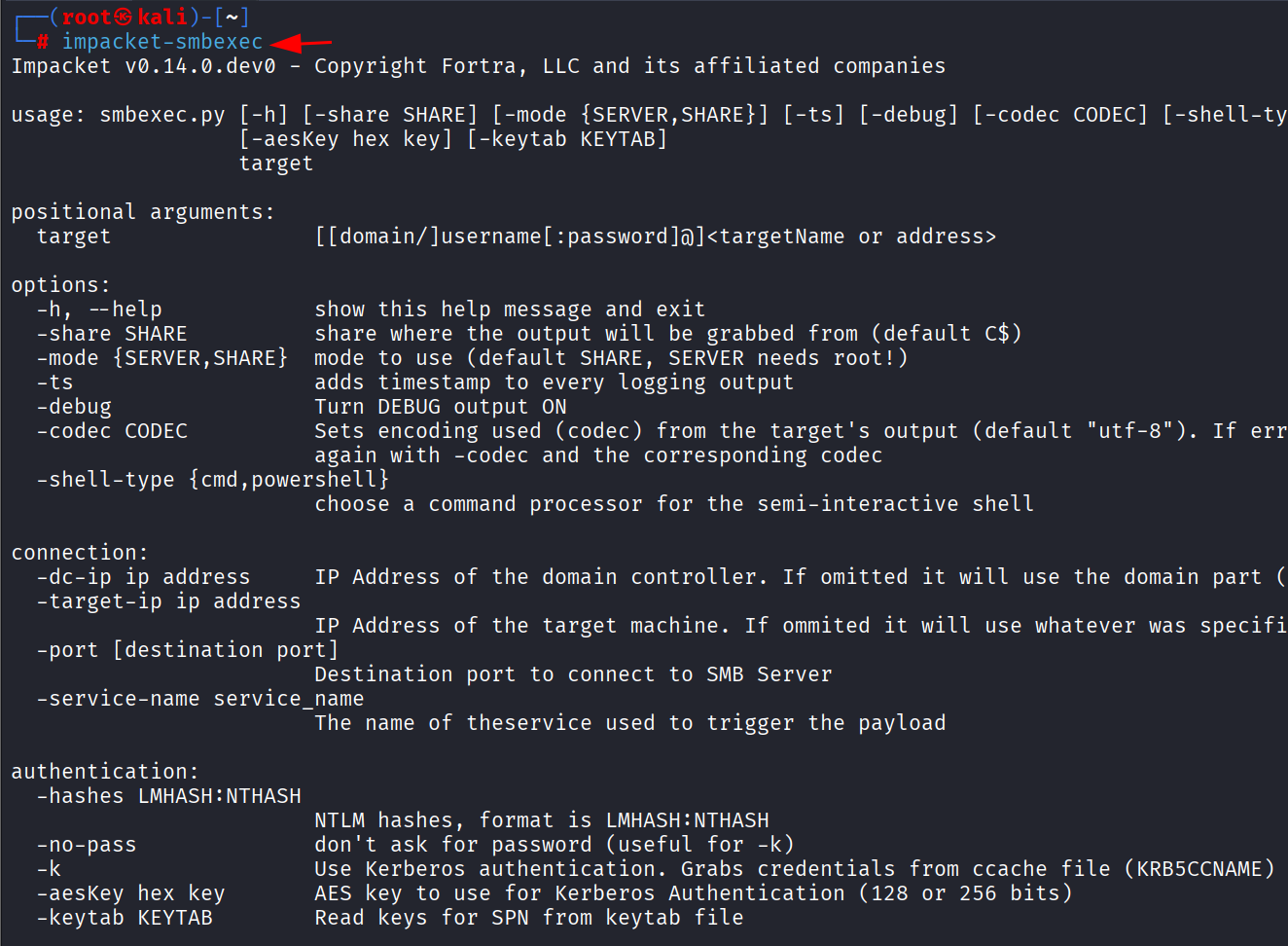 Output do comando impacket-smbexec sem argumentos mostrando todas as opções disponíveis
