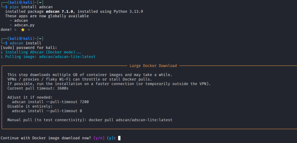 Terminal mostrando instalação do ADScan completando com credenciais BloodHound
