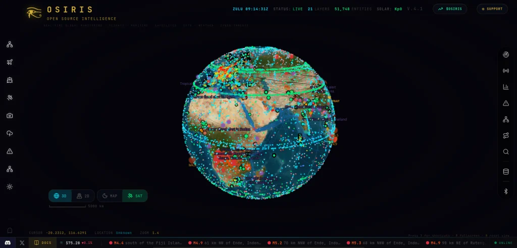 Mapa global Osiris com múltiplas camadas ativas mostrando densidade de dados