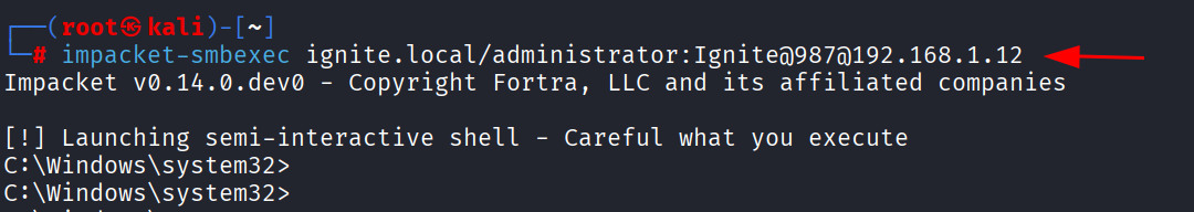 Shell semi-interativo do impacket-smbexec após autenticação com credenciais plaintext