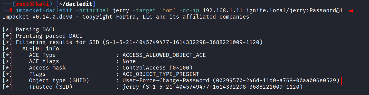 Output do impacket-dacledit lendo DACL de tom como jerry confirmando a ACE