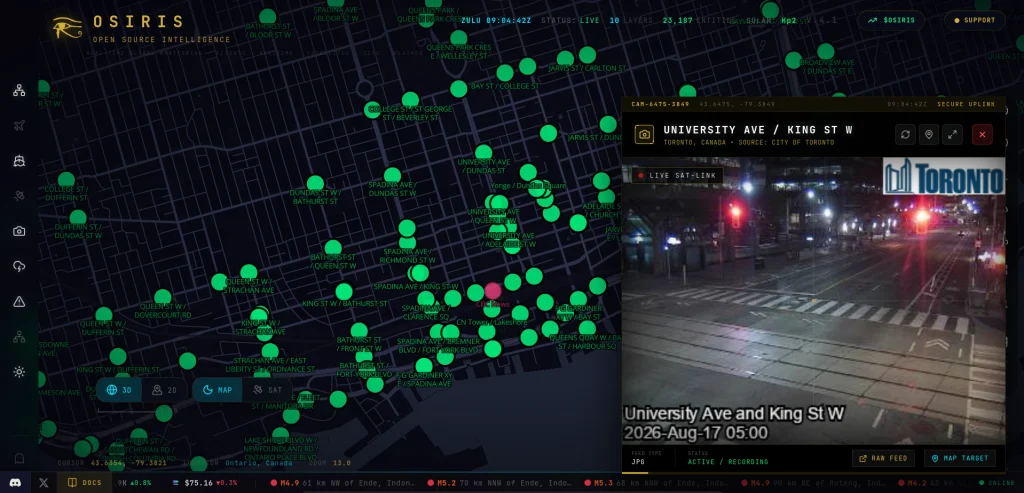 Mapa Osiris mostrando pontos verdes de câmeras CCTV ao redor do mundo