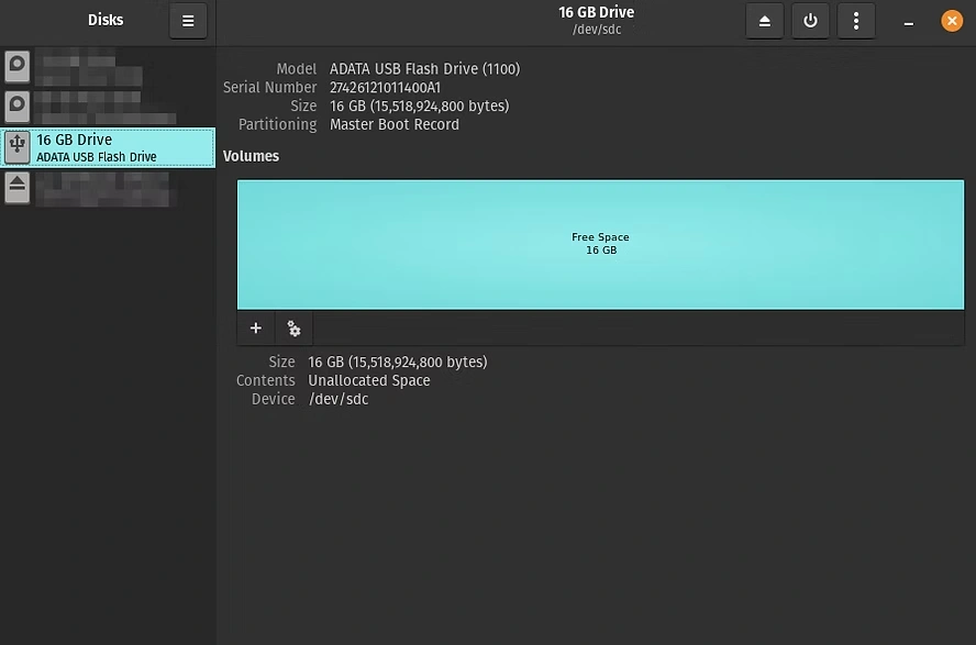 Gerenciador de Discos GNOME mostrando USB stick selecionado