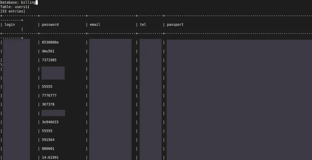 Resultado do dump mostrando dados extraídos da tabela users11