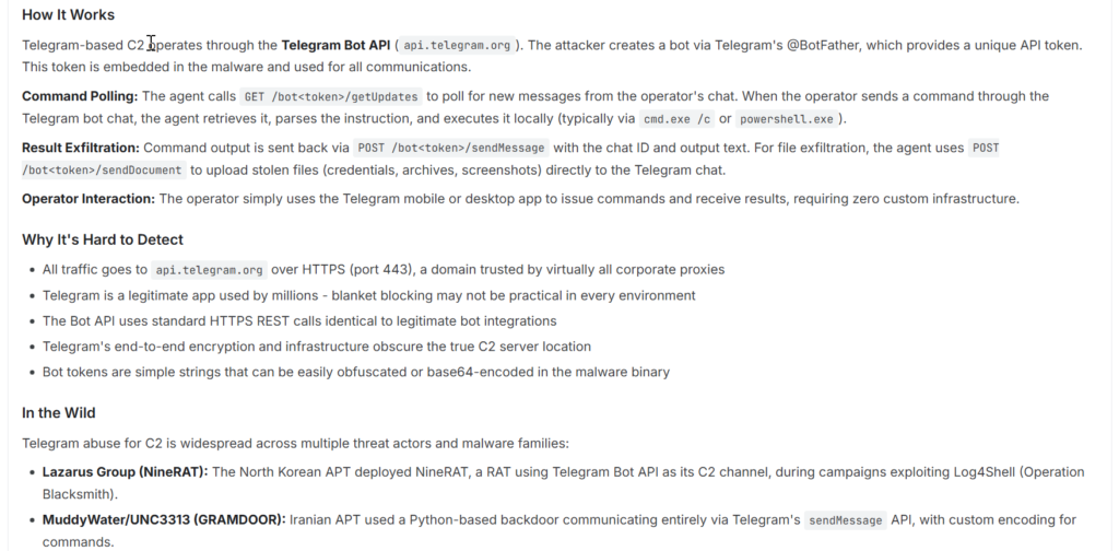 Evidencia tecnica demonstrando Telegram como C2