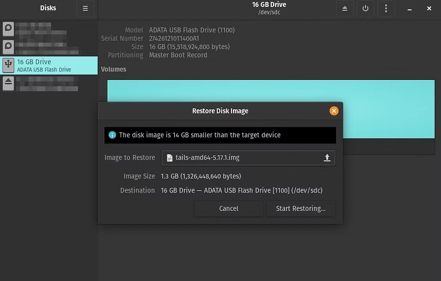 Dialog Restore Disk Image selecionando arquivo ISO do Tails