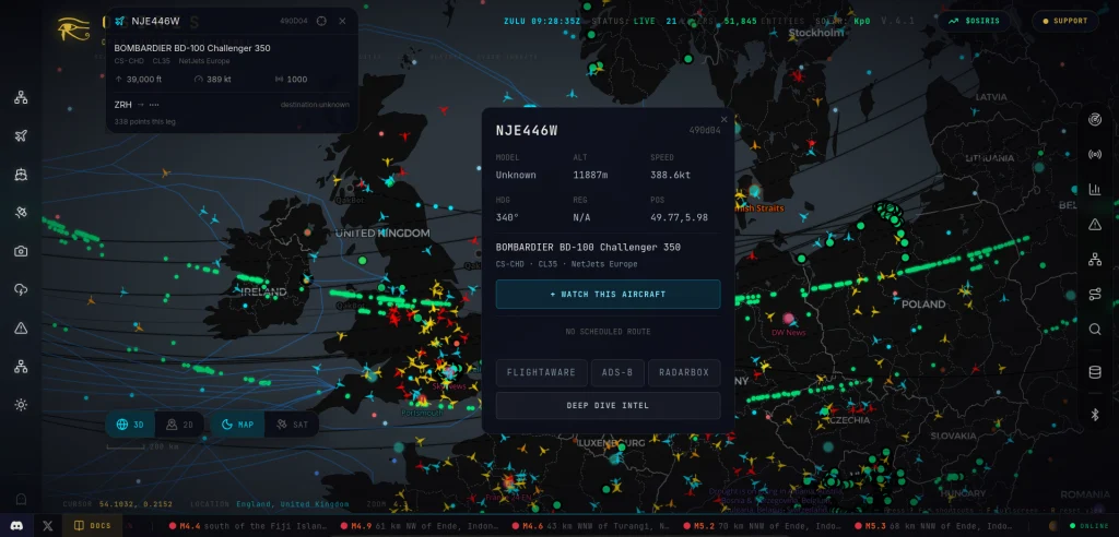Mapa Osiris mostrando ícones de aeronaves em rotas globais