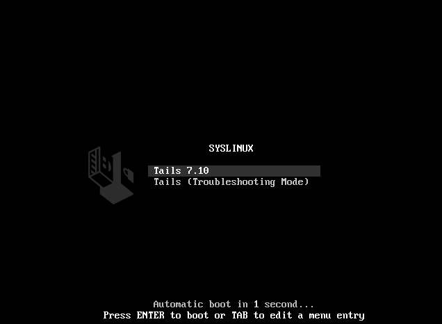 Menu bootloader Tails mostrando opções de boot