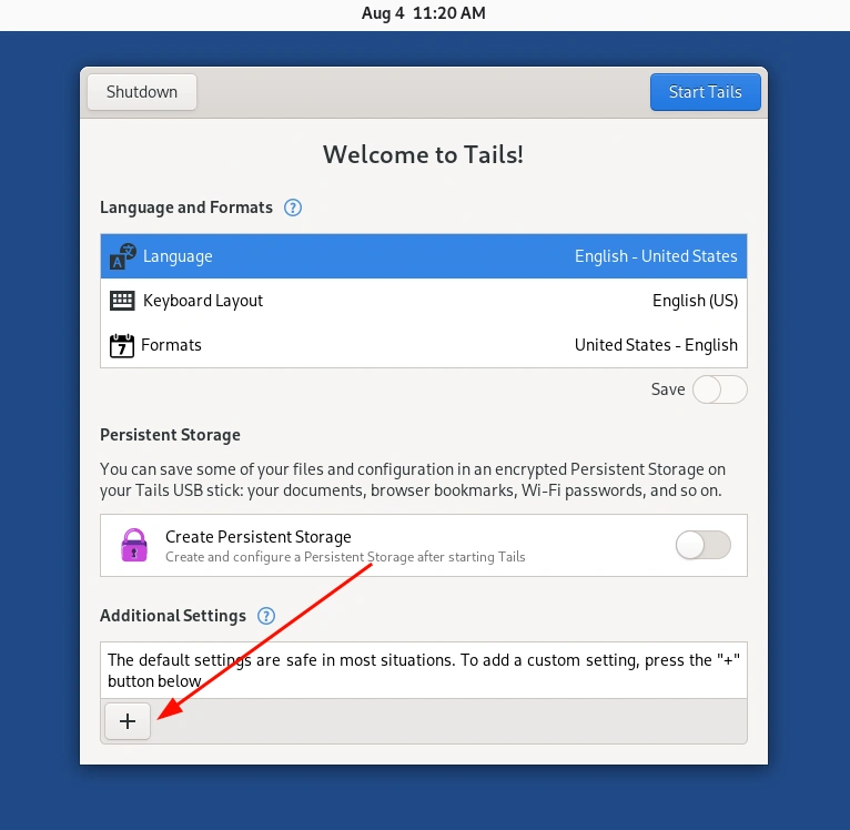 Tela welcome do Tails com opções de configuração inicial