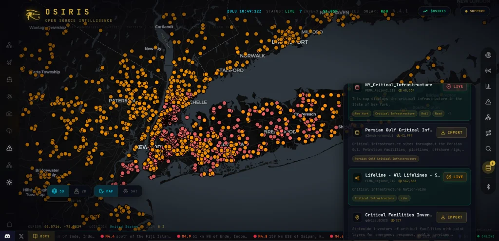Mapa Osiris camada infraestrutura crítica mostrando NYC e cobertura nacional