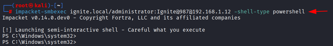 Prompt PowerShell remoto no host alvo após usar -shell-type powershell
