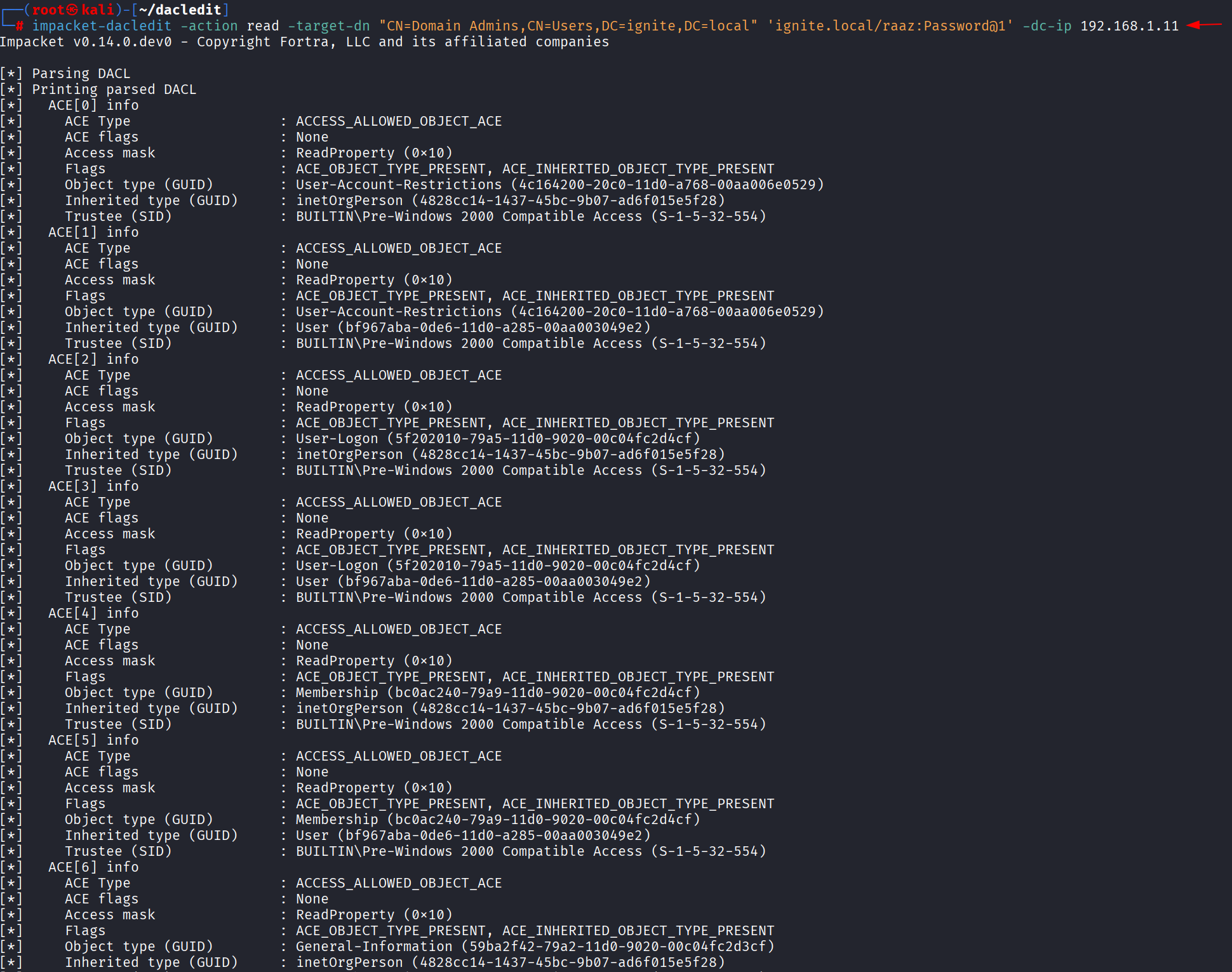 Output do impacket-dacledit lendo DACL do Domain Admins como raaz confirmando GenericAll