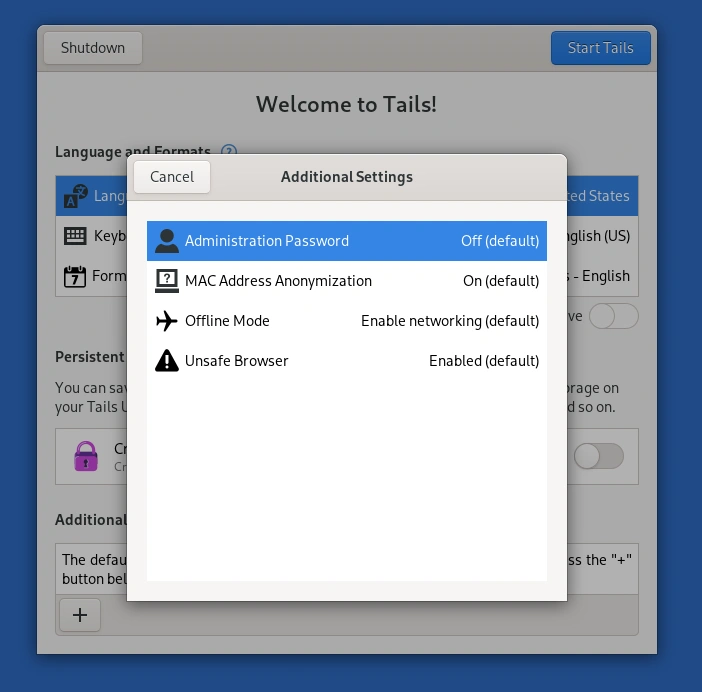 Painel de configurações adicionais do Tails com senha admin e MAC spoofing