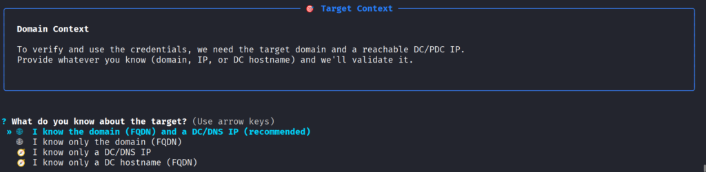 Prompts para domain controller IP, domain name, username
