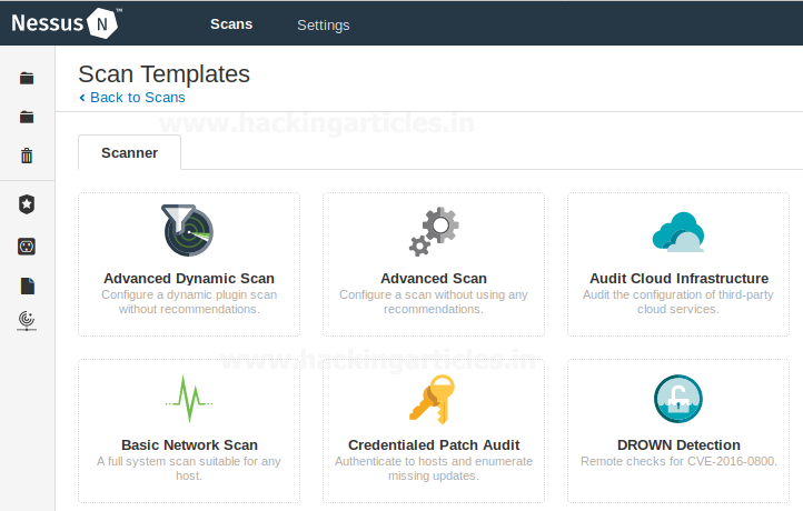 Tela de criação de novo scan com templates disponíveis