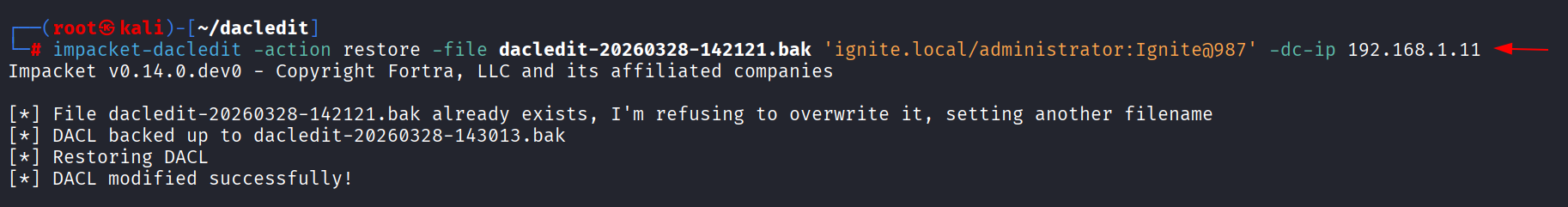 Output do impacket-dacledit restaurando DACL original do Domain Admins