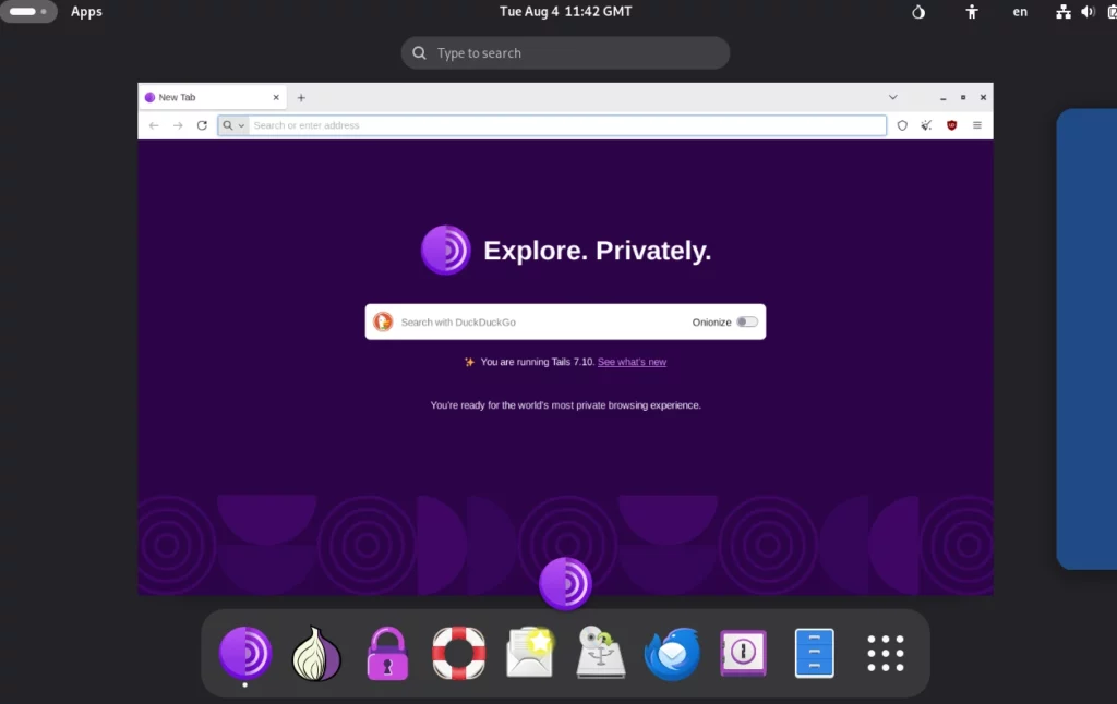 Desktop do Tails OS pronto para uso com Tor Browser