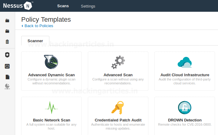 Templates de policy disponíveis: Basic Network Scan, Advanced Scan, etc.