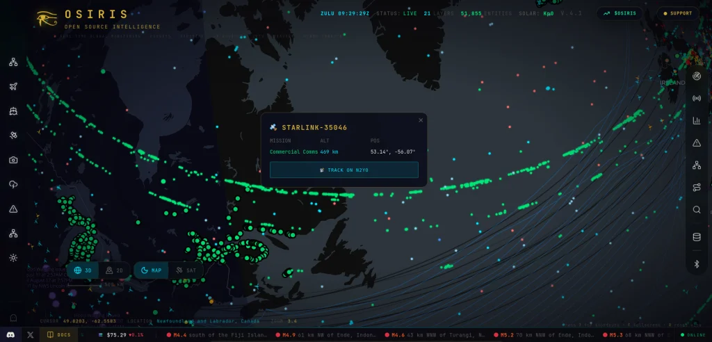Mapa Osiris mostrando órbitas de satélites Starlink em tempo real