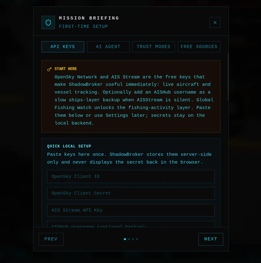 Tela inicial do ShadowBroker solicitando API keys opcionais