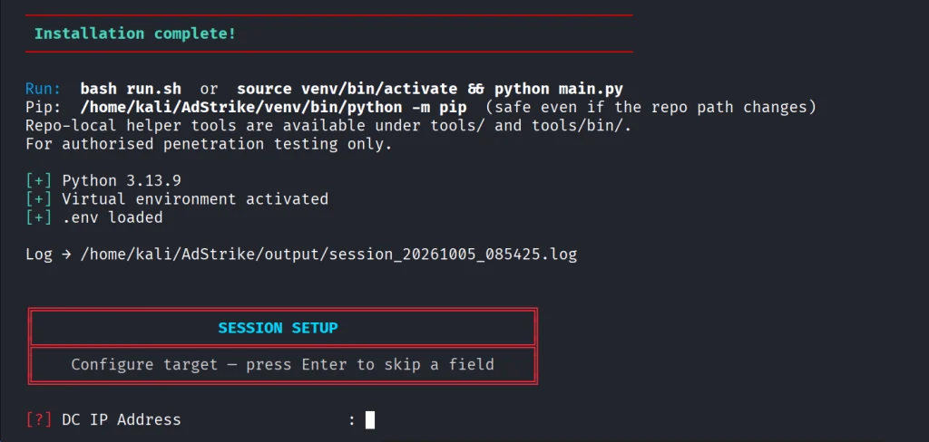 Processo de instalação do ADStrike concluído no terminal após a execução do install.sh.