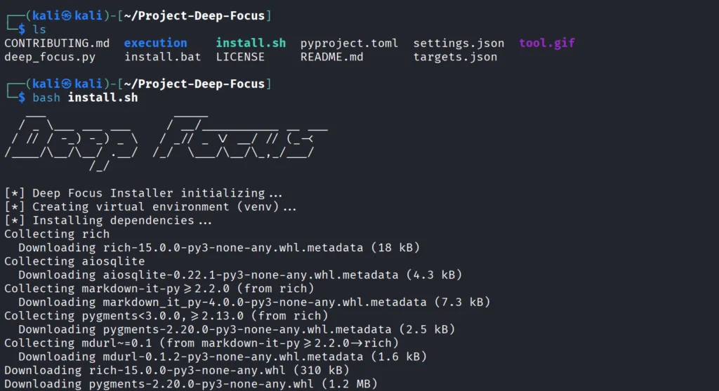 Instalação do Project Deep Focus no Kali Linux via git clone e install.sh