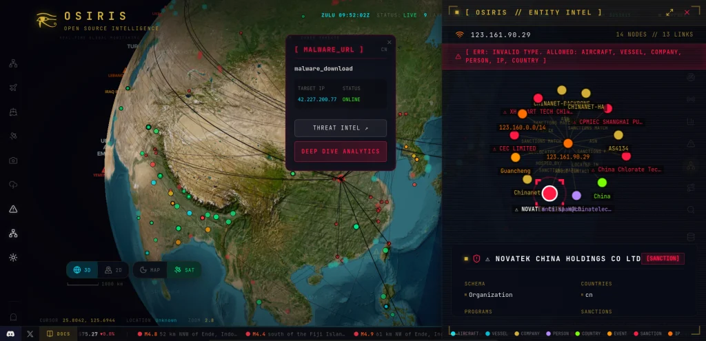 Mapa Osiris camada malware threats mostrando concentração de ataques na China