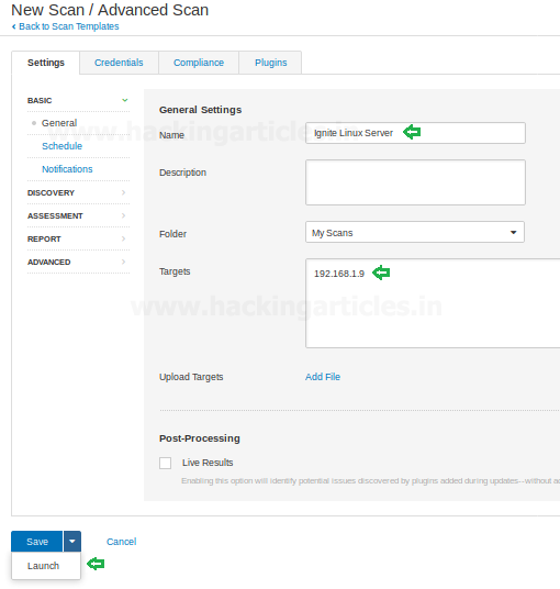 Configuração detalhada do scan com nome, descrição, targets e opções