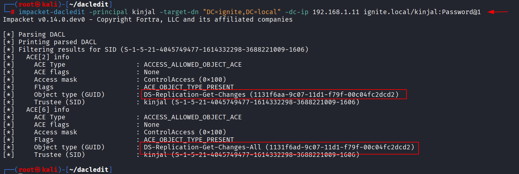 Output do impacket-dacledit confirmando DS-Replication-Get-Changes e Get-Changes-All para kinjal