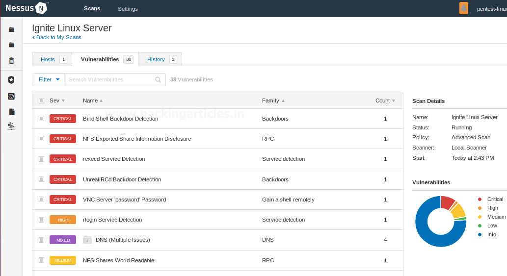 Tela de resultados do scan mostrando vulnerabilidades por severidade