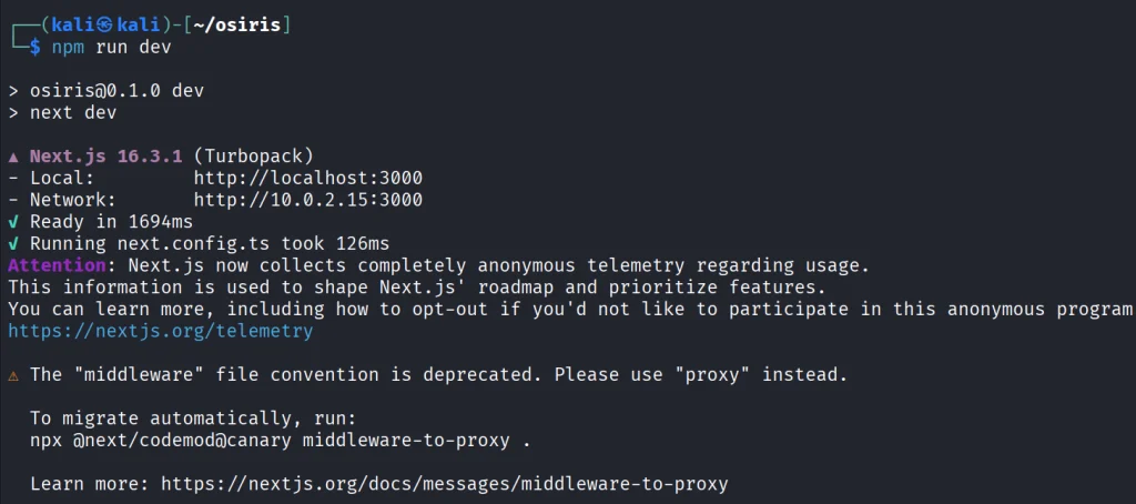 Terminal Kali executando comandos de instalação do Osiris via npm